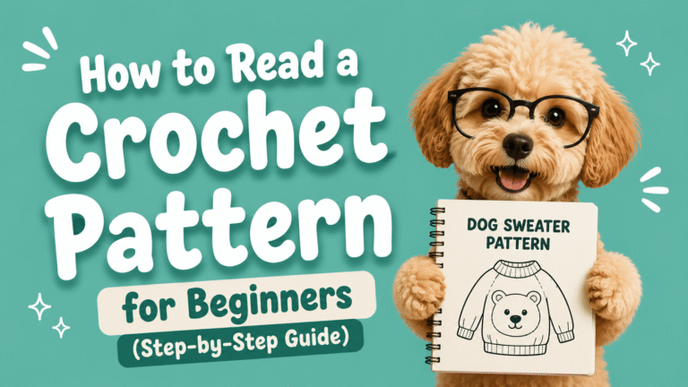 a dog trying to read a crochet pattern of a sweater