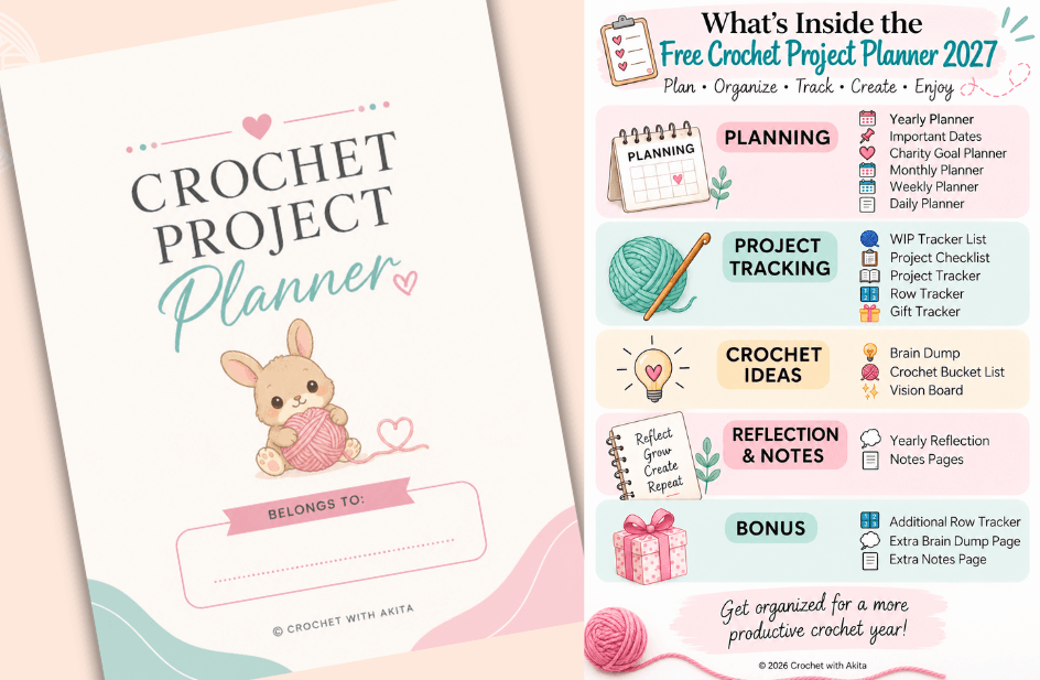 Free Crochet Project Planner 2027 with planner cover and sample pages for yearly planning, project tracking, WIPs, and crochet ideas.